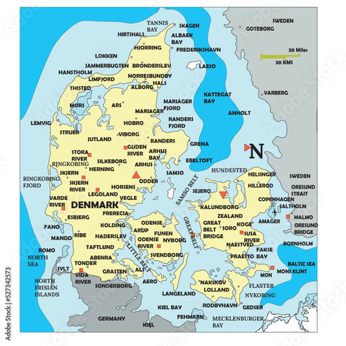 Map of Denmark, a European country, with all the states, river, and water bodies marked