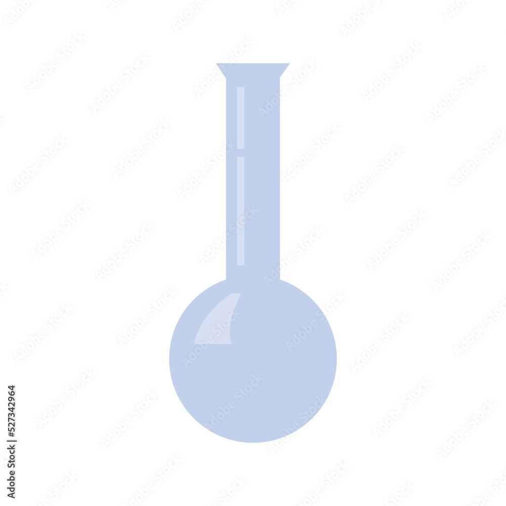 Glass flask illustration. School supply flat design. Back to school. Empty transparent glass flask icon. Plastic container, tool for medical and chemical research
