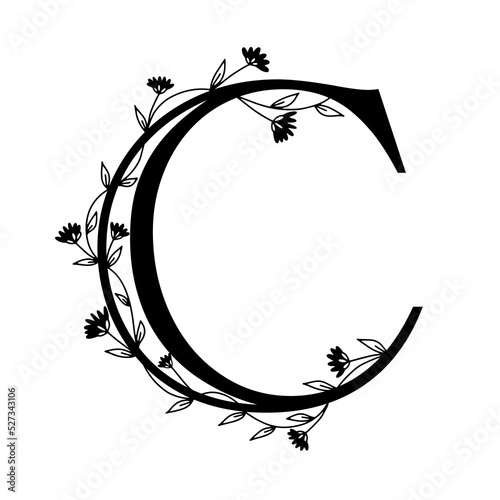 Floral botanical alphabet. Vintage hand drawn letter C. Letter with plants and flowers. Vector lettering isolated on white