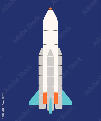 Space rocket in simple flat line vector style. Abstract trending colorful illustration, cosmos, ship, vessel, apparatus, astronomy, study, explore, universe. Design for sticker, logo, patch, icons.