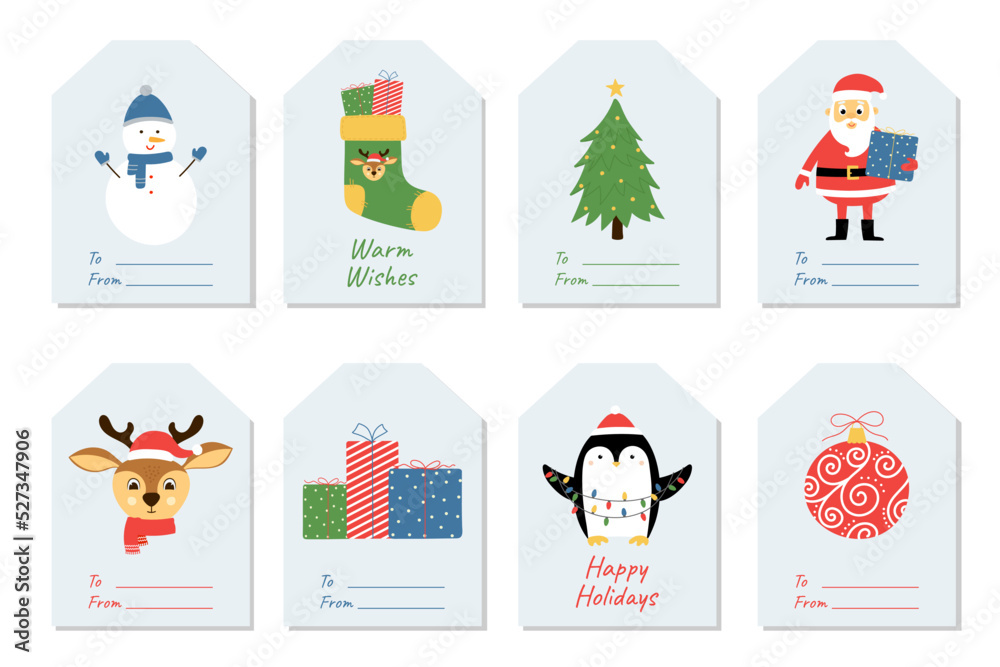 Fototapeta premium Set of Christmas and holidays gift tags. Labels with gift boxes, penguin, Santa Claus, Christmas deer and Christmas tree