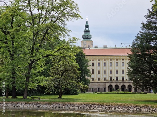 Landscape of Chotkuv Rybnik pond with Kromeriz castle in the background