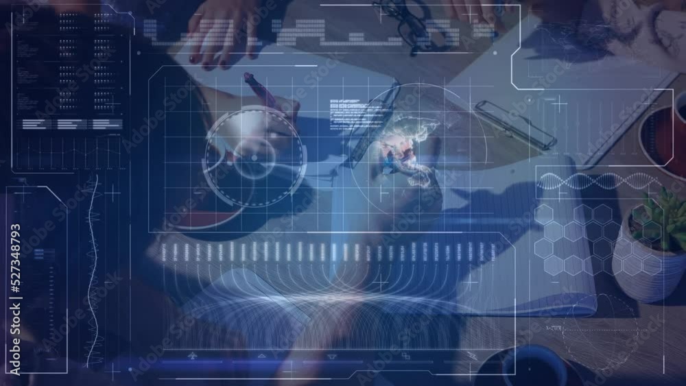 Animation of financial data processing over business people walking in office Animation of financial data processing over business people walking in office