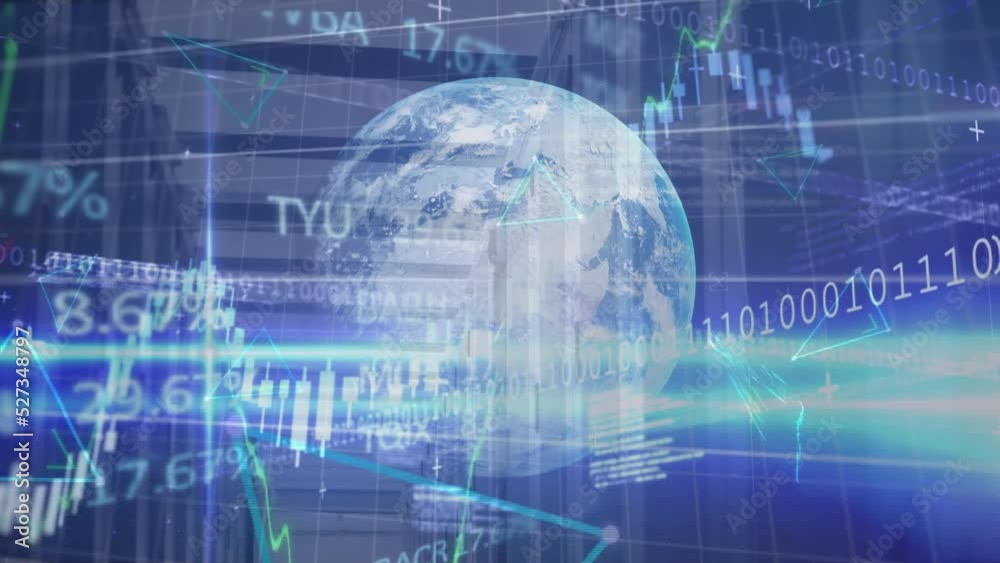 Animation of financial data processing with globe financial data Animation of financial data processing with globe financial data