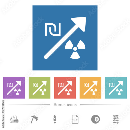 Rising nuclear energy israeli new shekel prices flat white icons in square backgrounds photo