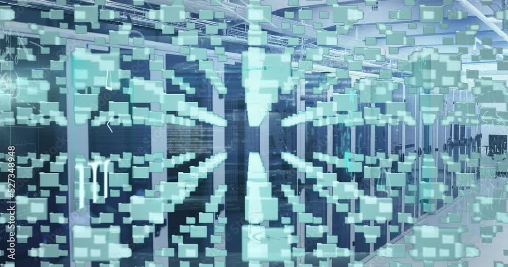 Animation of data processing over server room Animation of data processing over server room