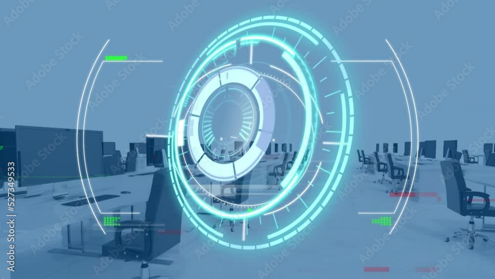 Animation of scope scanning and data processing over empty office Animation of scope scanning and data processing over empty office