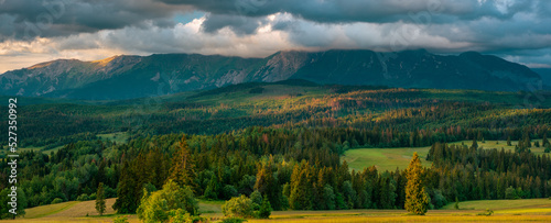 Panorama of tatras Mountains range in Poland at cloudy day in summer