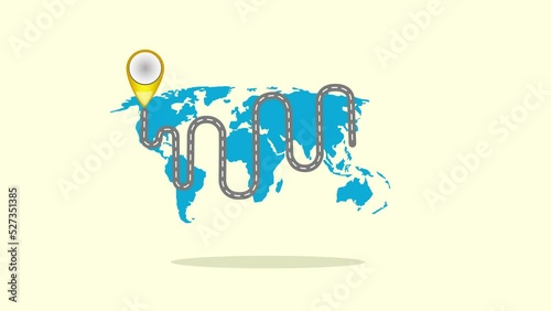 Corporate World Map. World map pins. Global communication. Pins locations animation. World map 2d with a paved path. Animated road.