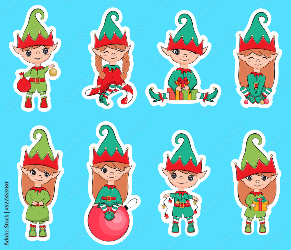 Cute little Santa helpers stickers pack. Christmas elf. Vector illustration.