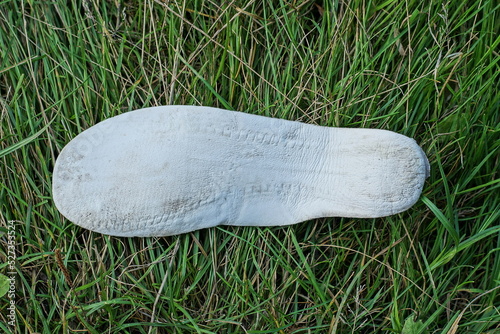 one white dirty plastic shoe insole lies on green grass in nature