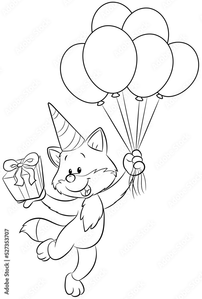 Niedlicher Fuchs der an Ballons fliegt mit einem Geschenk in der Hand