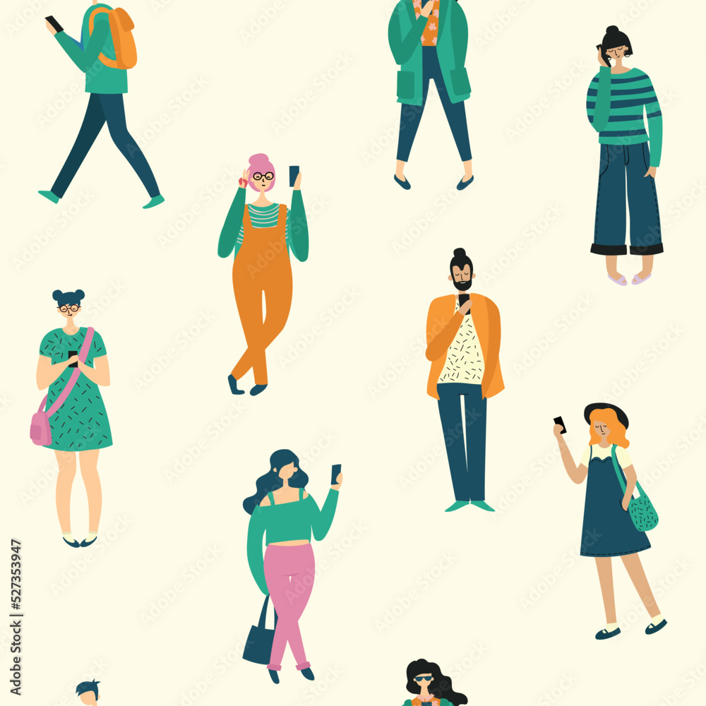 Seamless pattern with people walking on street, riding bike or skateboard. Backdrop with men, women and children performing outdoor activities. Flat vector illustration for textile print. Seamless pattern with people walking on street, riding bike or skateboard. Backdrop with men, women and children performing outdoor activities. Flat vector illustration for textile print.