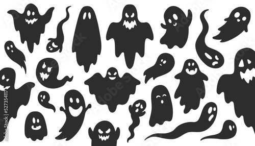 Set of cartoon ghosts. Spooky and Funny Halloween ghosts with different expressions. Cute spirits