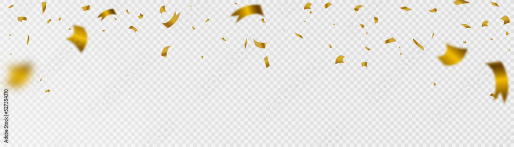 Confetti on a transparent background. Falling shiny golden confetti. Bright golden festive tinsel. Holiday design elements for web banner, poster, flyer, invitation. Vector	
