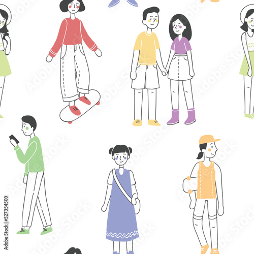 Set of teenagers wearing stylish clothes with telefone,skates and bags. Group of male and female cartoon characters dressed in trendy clothing. Flat vector illustration.