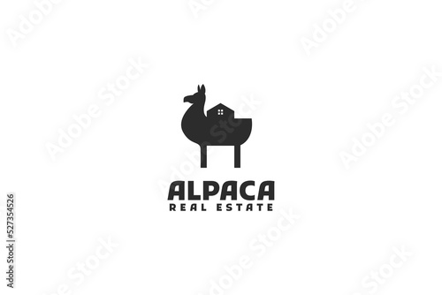 Flat alpaca with house logo design vector illustration idea
