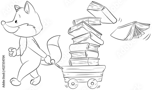 Niedlicher Fuchs zieht einen Bollerwagen mit vielen Büchern
