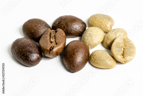 Wallpaper Mural roasted and unroasted coffee beans on white background Torontodigital.ca