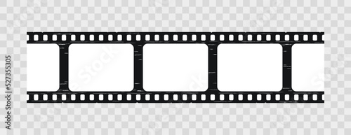 Vintage video tape seamless border. Retro camera reel. Seamless cinematic frame with slide. Old photo roll on transparent background. Close-up cinema strip. Vector illustration.