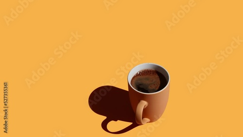 Mug full of fresh coffee moving from upper left corner to lower right corner on yellow background