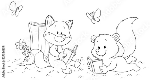Ein Fuchs und ein Polarfuchs entspannen und lesen in der Natur