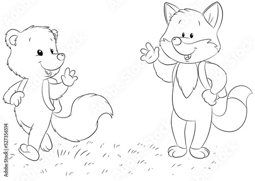 Ein Fuchs verabschiedet sich nach der Schule von einem Polarfuchs