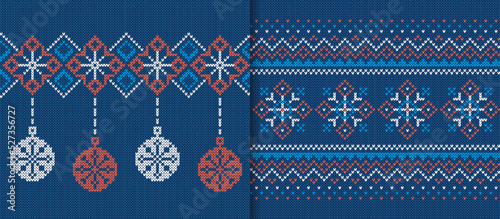 Christmas seamless pattern. Blue knitted prints. Knit sweater texture. Set Xmas winter background. Holiday fair isle traditional ornament. Festive ugly crochet. Wool pullover. Vector illustration