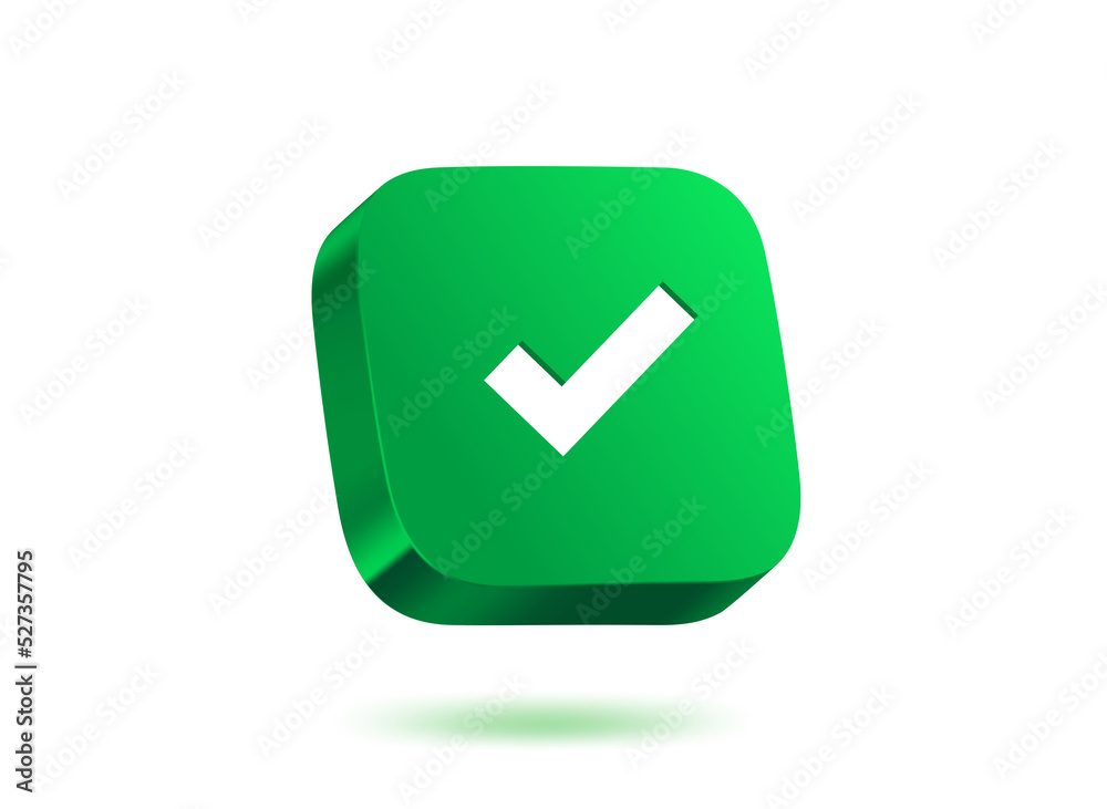 Green button with check mark on green background. 3d vector illustration Green button with check mark on green background. 3d vector illustration