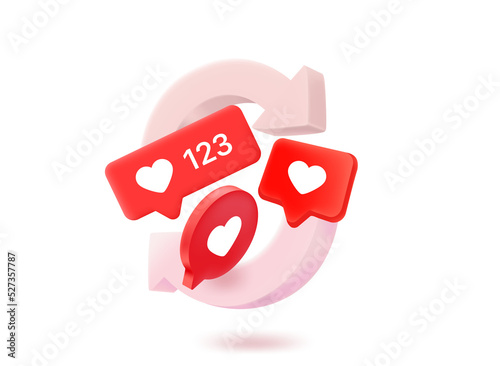 Refreshing social media concept with chat balloons with hearts. 3d vector illustration

