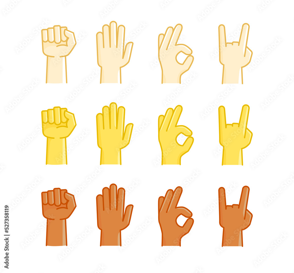 Fototapeta premium Different human races hand gestures comic style collection