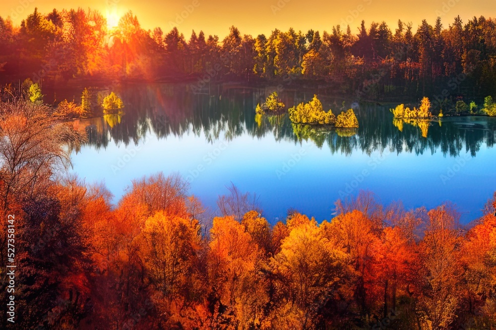 A beautiful autumn golden forest is reflected in the calm water of the lake. Autumn tranquil mood. Natural wallpaper
