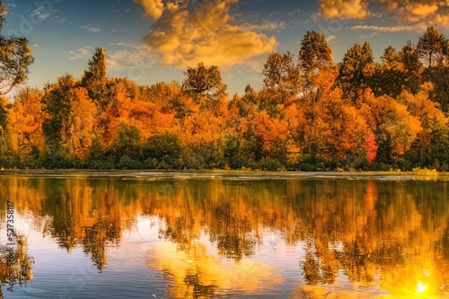 A beautiful autumn golden forest is reflected in the calm water of the lake. Autumn tranquil mood. Natural wallpaper