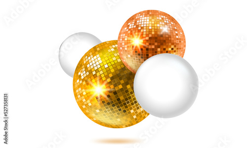 Lets go party concept. Glowing disco balls on yellow background.