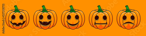 Happy Halloween outline drawing cartoon pumpkins. Main symbol of Happy Halloween holiday. Orange pumpkins with scary smile Halloween. Horizontal holiday poster, header for website.