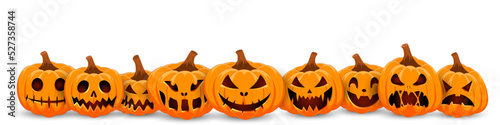 Happy Halloween banner. Pumpkins isolated. Main symbol of Happy Halloween holiday. Orange pumpkins with scary smile Halloween. Horizontal holiday poster, header for website.