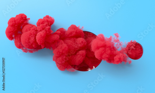 Foto red smoke comes out of a circular hole in a light blue background