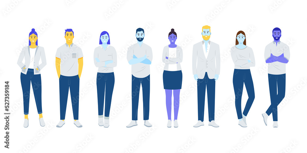 Conjunto de personas de cuerpo completo. Hombres y mujeres de pie. Grupo de  personas estilo moderno de dibujos animados ilustración de Stock | Adobe  Stock