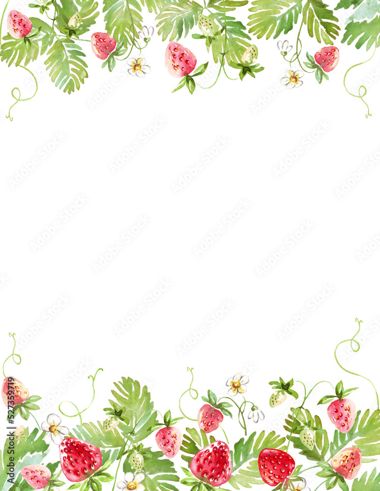 Fototapeta premium Strawberry frame. Watercolor clipart