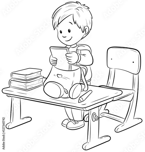 Ein Junge schafft  Ordnung in seinem Schultornister