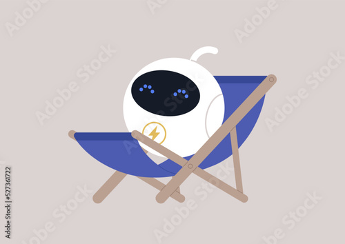 Renewable solar energy concept, a cute round robot charging from the sunlight on a deck chair, summertime outdoor lifestyle