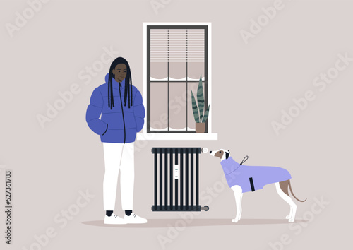 A young female African character freezing at home with their dog due to high heating price, European energy crisis