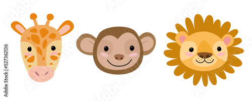 Cute animal face characters set in cartoon style. Giraffe, monkey and lion isolated vector.
