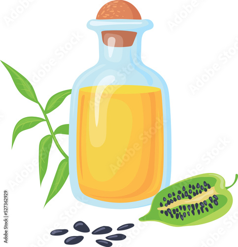 Sesame oil icon. Glass bottle with seeds. Cartoon food