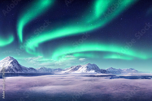 aurora borealis over north sea and arctic snowy mountains, starry night, beautiful calm nature background, 3d render, 3d illustration © Gbor