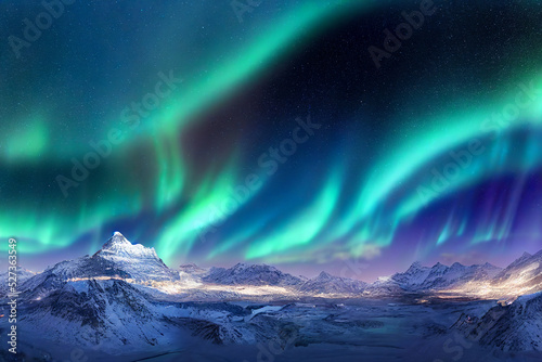 aurora borealis over north sea and arctic snowy mountains, starry night, beautiful calm nature background, 3d render, 3d illustration