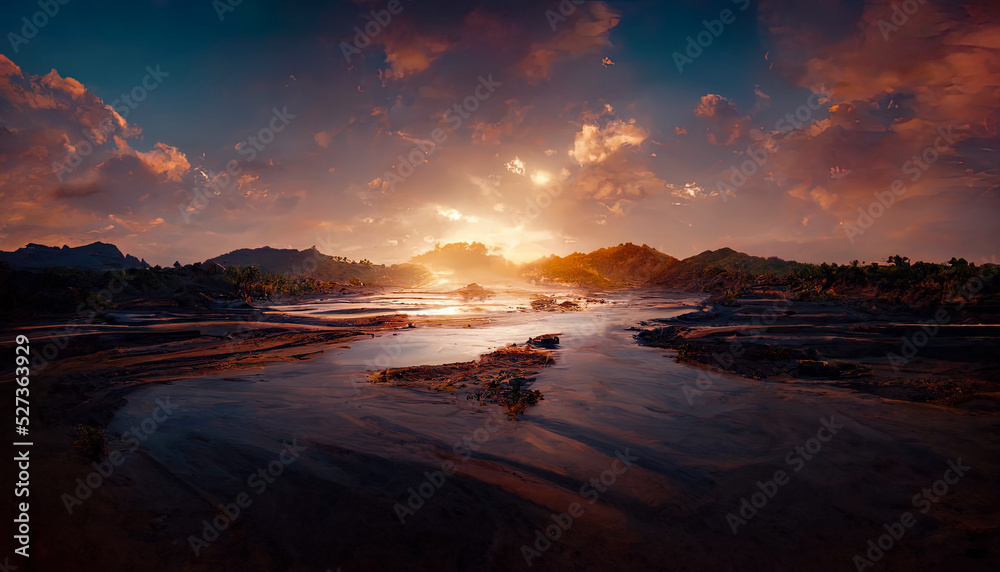 Sea sandy beach, evening, neon sunset, sea landscape, waves. Evening atmosphere by the sea. 3D illustration.