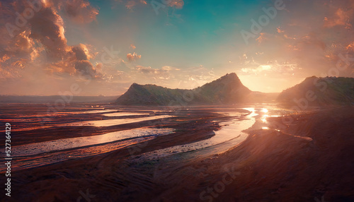 Sea sandy beach, evening, neon sunset, sea landscape, waves. Evening atmosphere by the sea. 3D illustration.