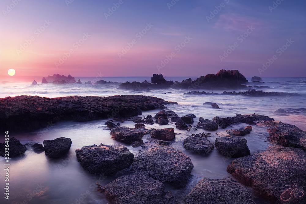 beautiful ocean beach with rocks, long exposure waves, sunset coast background, 3d render, 3d illustration