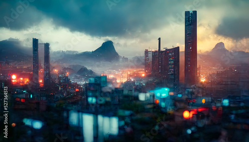 Night cityscape of Rio de Janeiro, mountains, fog, city on the mountains. Neon lights in the city, neon sunset. 3D illustration.
